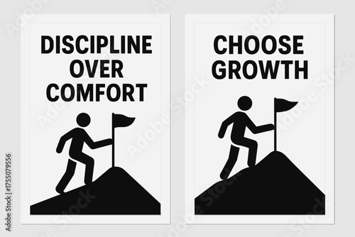 Discipline and Growth Banners. Motivation. Two vertical A6 banners with safe margins, centered composition, no elements touching edges, flat vector design,