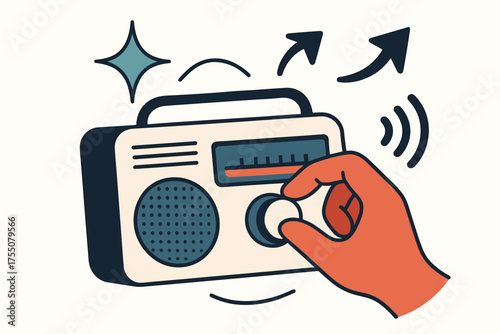 Dynamic Radio Tuning. Tuning in. Glowing hand rotating dial on old-fashioned radio. Floating icons of sparkle, arrow, and sound wave symbolizing discovery.