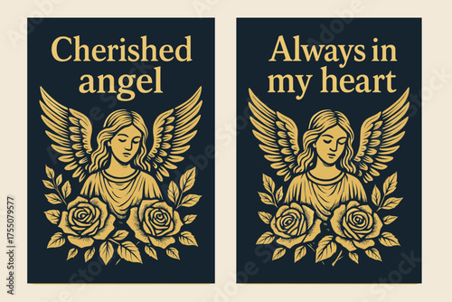Cherished Angel Banners. Cherished angel. Two vertical A6 banners with safe margins, centered composition, no elements touching edges, bold, navy and gold,