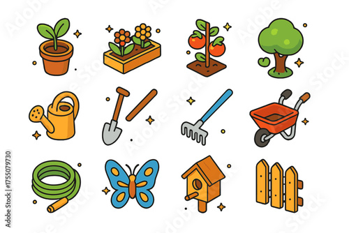 Colorful Garden Icons. Small Garden. Colorful isometric vector icons set of small garden: potted plant, flower bed, tomato plant, tree, watering can, shovel,
