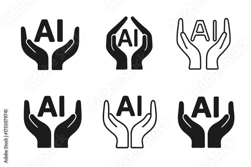 AI Ethics Logos. Ethical AI coder collectives. Set Logo of AI ethics: hands forming AI symbol. harmonious logo variations of the same emblematic concept, each