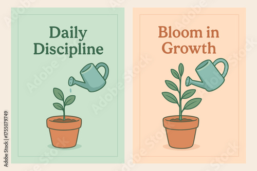 Daily Growth Banners. Growth. Two vertical A6 banners with safe margins, centered composition, no elements touching edges, pastel style, mint and peach, plant