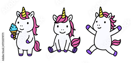 Cute Cartoon Unicorn Set with Ice Cream and Fun Poses. Adorable cartoon unicorns in playful poses, one eating ice cream. Bright pink manes, colorful horns, and joyful expressions. Vector collection