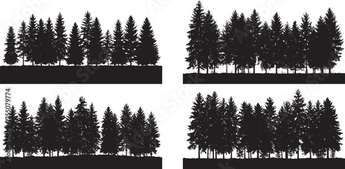 Four Black Silhouettes of Dense Evergreen Forests on a White Background trees nature