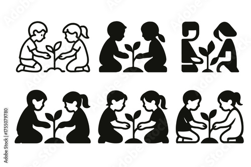 Children's Growth Logos. Everyday Life with Children (Learning, Playing, Growing). Set Logo of Everyday Life with Children: children growing plants. harmonious