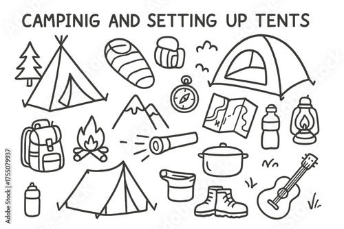 Camping Essentials Doodle. Camping and setting up tents. Hand-drawn doodle illustration camping and tents tent, sleeping bag, backpack, campfire, flashlight,