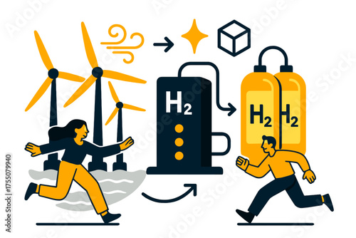 Wind to Hydrogen Conversion. Wind to hydrogen. Glowing offshore wind turbines connected to electrolyzer with tanks filling with glowing gas. Floating icons of
