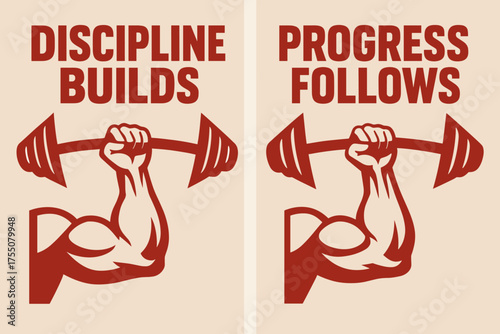 Discipline and Progress Banners. Strength. Two vertical A6 banners with safe margins, centered composition, no elements touching edges, bold style, red and
