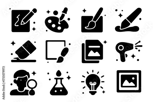 Creative Icons Grid. Creative Process. Solid icons set of Creative Process: sketching, mixing colors, painting, blending, erasing, outlining, layering, drying,