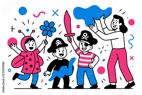 Family Costume Celebration. Family Costume Fun. Children in funny costumes holding props, parents smiling and arranging background, floating abstract shapes