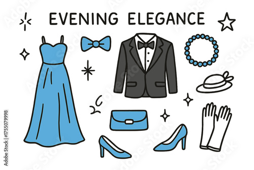 Elegant Evening Attire. Evening Elegance. Hand-drawn doodle illustration gown (colored), tuxedo (colored), bow tie (colored), sparkle, star, pearl necklace