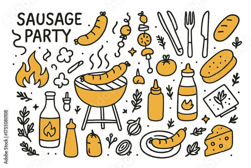Sausage BBQ Doodle. Sausage Party. Hand-drawn doodle illustration Grill, sausages, tongs, plate, fork, knife, bun, ketchup, mustard, smoke, fire, picnic,