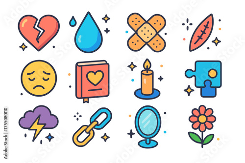 Emotional Icon Set. Emotional Scar. Colorful isometric vector icons set of emotional scar: broken heart, tear drop, bandage, scar mark, sad face, diary,