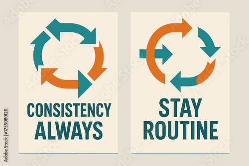 Consistency and Routine Banners. Determination. Two vertical A6 banners with safe margins, centered composition, no elements touching edges, geometric style,