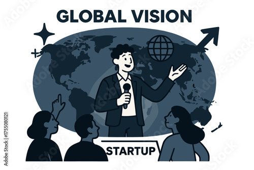 Global Startup Vision. Global vision. Glowing founder presenting startup idea on stage with giant world map behind. Floating icons of sparkle, globe, and arrow