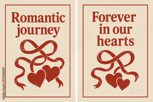 Romantic Banners Design. Romantic journey. Two vertical A6 banners with safe margins, centered composition, no elements touching edges, retro, red and beige,