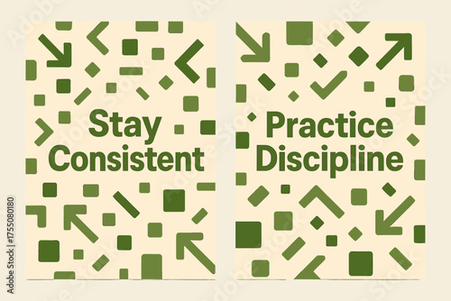 Stay Consistent Banners. Inspiration. Two vertical A6 banners with safe margins, centered composition, no elements touching edges, memphis style, olive green