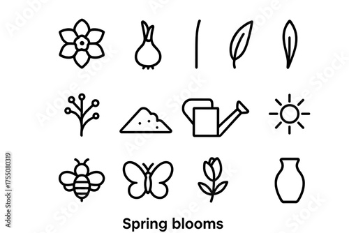 Spring Bloom Icons. Spring blooms. Line icon set of Spring blooms: daffodil flower, bulb, stem, leaf, pollen, garden soil, watering can, sun, bee, butterfly,