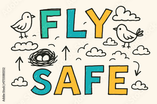 Fly Safe Doodles. Doodle / Sketch: "Fly Safe" ? playful hand-drawn letters, rough outlines, arrows, birds, nests, and clouds doodles, casual youthful layout,