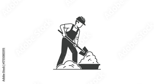 A construction worker in a hard hat and overalls shoveling material a black and white vector illustration.