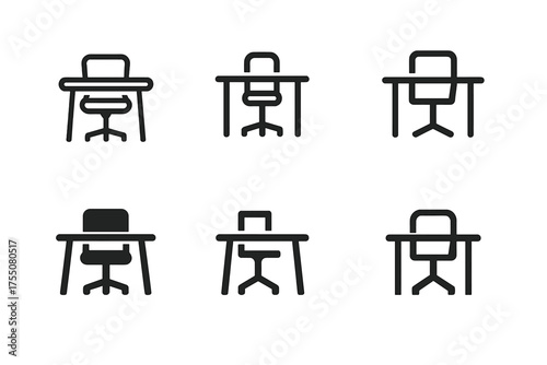Job Interview Logos. Job Interview Setting. Set Logo of Job Interview Setting: chair and desk. harmonious logo variations of the same emblematic concept, each