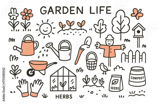 Garden Doodle Icons. Garden Life. Hand-drawn doodle illustration Flowers, vegetable patch, watering can, wheelbarrow, basket, shovel, rake, garden gloves,