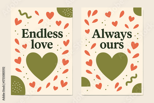 Endless Love Banners. Endless love. Two vertical A6 banners with safe margins, centered composition, no elements touching edges, memphis, olive green and