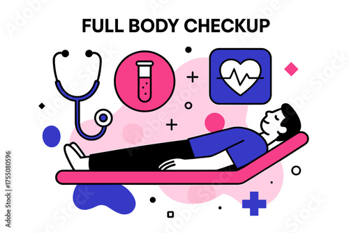 Floating Health Checkup. Full Body Checkup. Patient lying on abstract examination table, floating geometric icons for medical tests, stethoscope, and heart