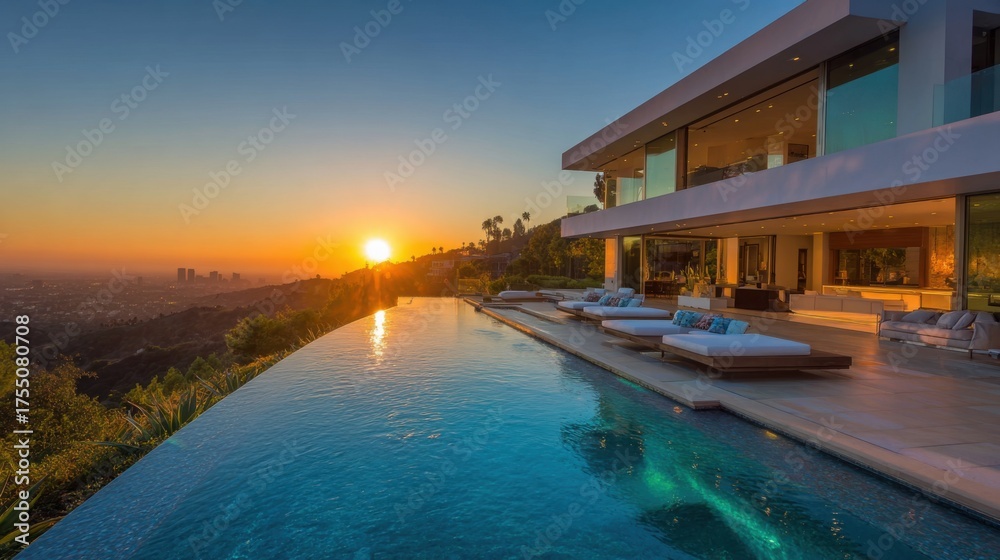 Fototapeta premium This luxury villa features a modern design with large windows an infinity pool and panoramic views of the sunset over the city. A serene retreat amidst nature.