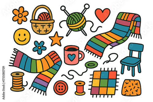 Colorful Knitting Doodles. Knitting Scarves. Colorful Hand-drawn doodle Children illustration yarn ball, needles, scarf, basket, flower, heart, star, smiley