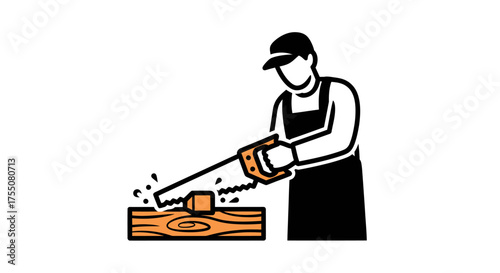 Carpenter cutting wood with a hand saw sawdust flying.