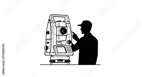 Surveyor Silhouette Operating Modern Total Station Surveying Instrument.