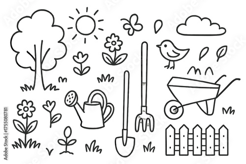 Backyard Garden Icons. Backyard garden. Hand-drawn doodle illustration backyard garden tree, flower, plant sprout, watering can, shovel, rake, wheelbarrow,