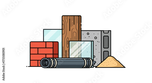 Essential Building Materials Collection Illustration: Bricks Wood Glass Concrete Rebar Sand.