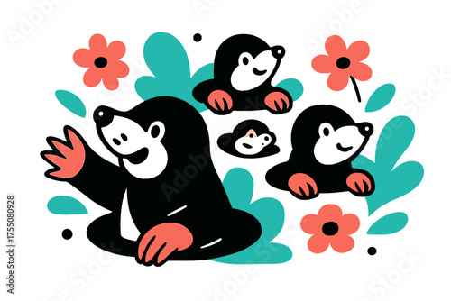 Playful Mole Family. Mole Family. Several moles peeking from small holes, floating flowers and abstract greenery around, playful and cheerful composition.