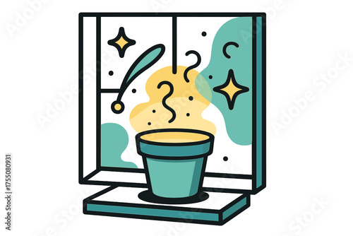 Glowing Solitary Pot. Lonely Pot. A glowing pot on a window sill without soil, abstract floating spark and star icons symbolizing solitude and space. Modern