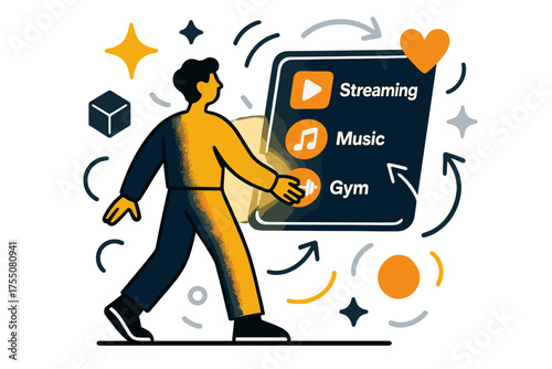 Glowing Subscription Hub. Service overview. Glowing user standing in front of holographic screen with streaming, music, and gym subscription logos glowing.