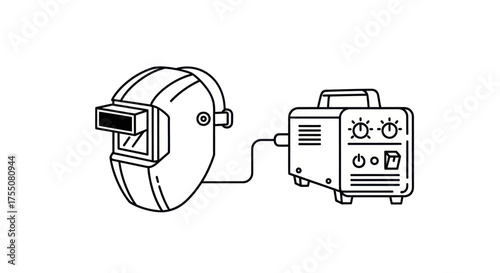 Welding helmet and compact welding machine with controls.