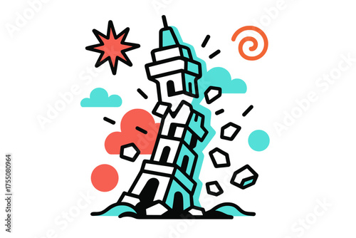 Glowing Tower Collapse. Tower Collapse. A glowing tower crumbling into pieces, abstract spark and swirl icons symbolizing drama and excitement.