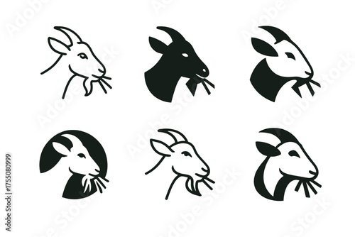 Sustainable Livestock Logos. Sustainable Livestock Feeding. Set Logo of Sustainable Livestock Feeding: goat eating hay. harmonious logo variations of the same