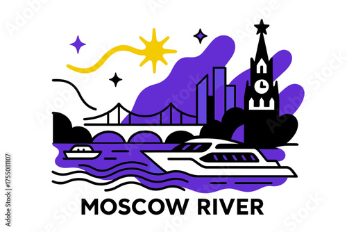 Moscow River Serenity. Moscow River. A glowing view with boats and bridges, abstract floating spark and wave lines symbolizing calm and energy together. Modern