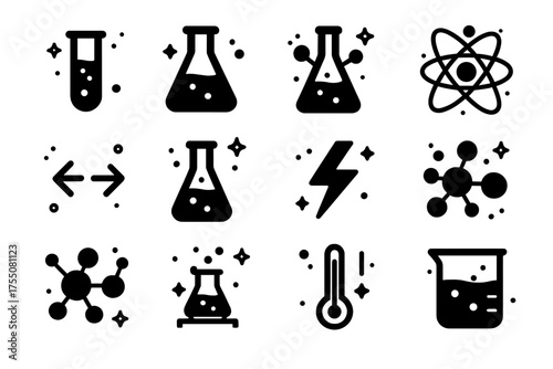 Chemical Reaction Icons. Chemical Reactions. Solid icons set of Chemical Reactions: test tube, flask, molecular bonds, atom, reaction arrows,