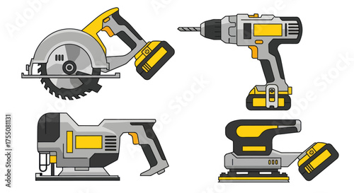 Set of Cordless Power Tools: Circular Saw Drill Jigsaw and Sander.