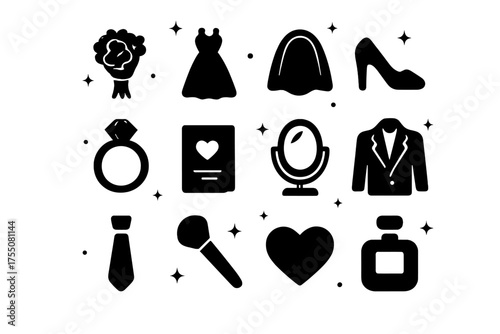 Wedding Icon Set. Pre-ceremony moments. Solid icons set of Pre-ceremony moments: bouquet, wedding dress, veil, shoes, ring, invitation card, mirror, suit, tie,