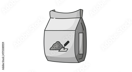A bag of cement with a trowel and pile of material.