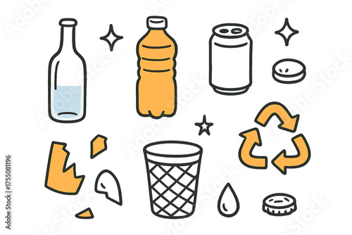 Doodle Recycling Icons. Empty Bottles. Hand-drawn doodle illustration glass bottle (colored), plastic bottle (colored), soda can, broken glass (colored),