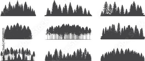 Nine Black Silhouettes of Dense Pine Forests Against a White Background trees nature