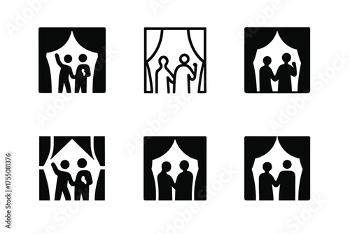 Performers Backstage Logos. Performers Backstage. Set Logo of Performers Backstage: stylized curtains with silhouette of performers. harmonious logo variations