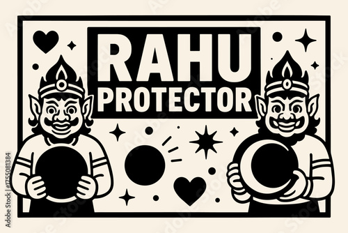 Rahu Protector Banner. Rahu Protector banner, flat vector illustration, bold oversized text inside rectangular frame, cartoon characters standing and holding
