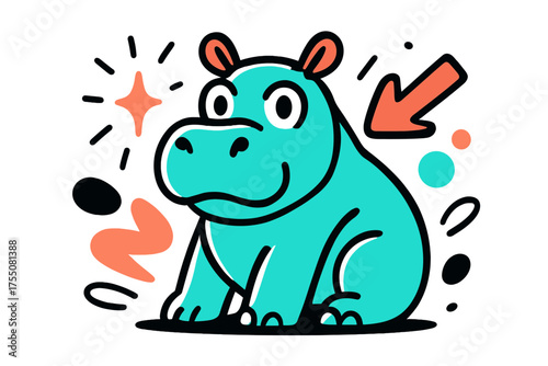 Vigilant Glowing Hippo. Alert Hippo. A glowing hippopotamus with ears perked and eyes watching, abstract spark and arrow icons symbolizing awareness. Modern